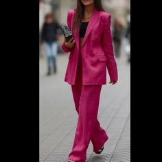 Zara Flowy Buttoned Blazer Ref:2991/452 Color: Fuchsia Brand New With Tags 100% Genuine And Authentic Flowy Loose-Fitting Blazer With Lapel Collar And Long Sleeves. Front Flap Pockets And Chest Welt Pocket. Tonal Matching Inner Lining. Front Double Breasted Button Closure. Outer Shell 100% Viscose Lining 100% Viscose The Approximate Measurements Done With Item Laying Flat +-0.5 Tag Size: Xs Shoulder: 16in Armpit To Armpit: 18in Overall Length: 28in Sleeve Length:23.5in Elegant Pink Suit For Fall, Pink Double-breasted Suits For Spring, Pink Long Sleeve Fall Suit, Pink Long Sleeve Suit For Fall, Tailored Pink Suit For Fall, Tailored Pink Suits For Fall, Zara Pink Single-breasted Blazer, Spring Single-breasted Pink Suits, Spring Pink Single Breasted Suit