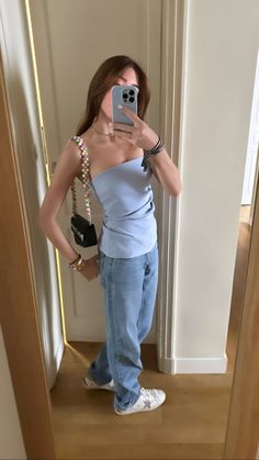 Blue Tube Top Outfit Aesthetic, Outfits With Golden Goose Shoes, Golden Outfits Aesthetic, Golden Goose Shoes Outfit, Golden Goose Outfit Summer, Tube Top Summer Outfits