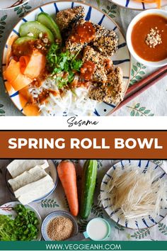 an image of spring roll bowl with carrots, rice and other foods on the side