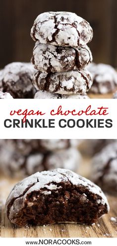 vegan chocolate crinkle cookies stacked on top of each other with the words vegan chocolate crinkle cookies above them