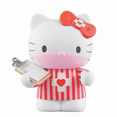 a hello kitty figurine with a red and white striped shirt holding a clipboard