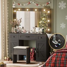 a bedroom decorated for christmas with lights on the windowsill and a vanity in front of it