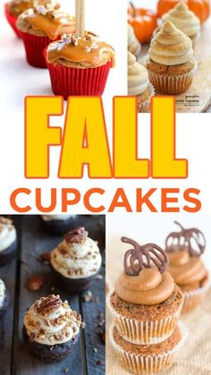 fall cupcakes collage with text overlay that reads, fall cupcakes