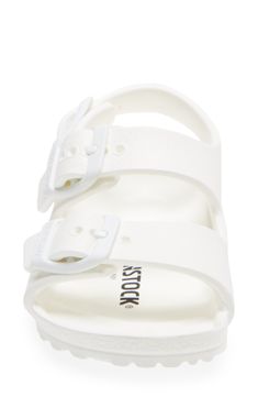 A contoured footbed adds signature arch support to a durable and versatile EVA sandal that's a playground-ready fave. The footbed absorbs shock and mimics the shape of a healthy foot, while pronounced medial and metatarsal arches support the instep and ball of your child's foot. Adjustable straps with buckle closure Cushioned footbed with arch support Synthetic upper, lining and sole Hand wash, dry flat Made in Germany Kids' Shoes White Slip-resistant Sandals For Spring, White Adjustable Sport Sandals For Beach, White Adjustable Sport Sandals With Removable Insole, Adjustable White Sport Sandals For Beach, White Slides With Adjustable Strap, White Adjustable Slides With Textured Footbed, Adjustable White Slides With Textured Footbed, White Slip-resistant Slide Sandals, Comfortable Adjustable White Sport Sandals