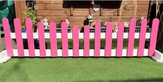 a pink and white picket fence sitting in the grass