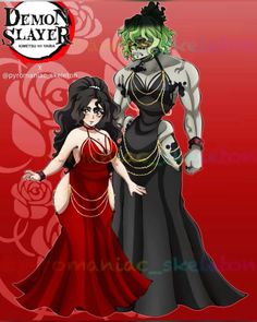 two women in dresses standing next to each other on a red background with the words demon slayer