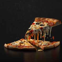 a slice of pizza with melted cheese and toppings is being lifted from the top