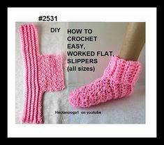 two crocheted slippers are shown with the words how to crochet easy, worked flat slippers all sizes