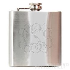 a stainless steel flask with the letter s on it