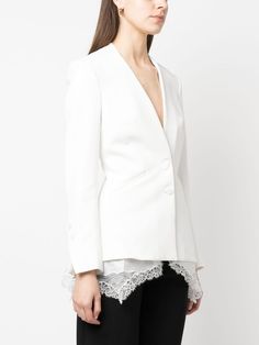 Find SIMKHAI Lace-hem Collarless Blazer on Editorialist. optical white cady texture slim cut lace trim no lapels front button fastening two front welt pockets buttoned-cuff sleeves Elegant Lace Trim Blazer For Spring, Collarless Blazer, Lace Hem, White Blazer, Cuff Sleeves, Welt Pockets, Welt Pocket, Lace Trim, Cuff