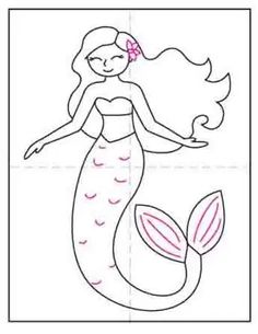 a drawing of a mermaid with long hair and a pink bow on her head, standing in