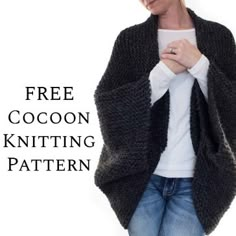 a woman wearing a black knitted cardigan with text overlay that reads free cocoon knitting pattern