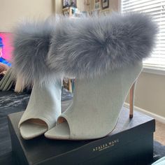 “Nails And Lashes On Point Stiletto Bootie In Denim” From Azalea Wang. Gorgeous Pale Blue Fur And Denim Heel. Zippers Work, Includes 2 Heel Nib Replacements. Never Worn Out Of The House, One Or Two Very Light Spots On The Denim, Present From Time Of Purchase. They Are 8.5 But Definitely Fit More Like A 9. They Are Gorgeous But Do Not Feel Particularly Sturdy, Wear Accordingly Elegant Denim Heels With Round Toe, Boots With Leg Warmers, Singer Fashion, Denim Heels, Azalea Wang, Light Spots, Fur Shoes, Female Rappers, Music Fashion