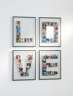 three frames with different pictures hanging on the wall above them, each holding a letter