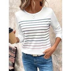 Category:Long Sleeve T-shirt; Season:Spring,Fall; Fabric:Polyester; Sleeve Length:Long Sleeve; Look After Me:Machine wash,Washable,Wet and Dry Cleaning; Gender:Women's; Style:Casual; Elasticity:Micro-elastic; Tops Type:T shirt; Occasion:Daily; Top Length:Regular; Fit Type:Regular Fit; Pattern:Striped; Design:Print; Neckline:Crew Neck; Brand:Shall We; Listing Date:10/16/2024 Fall Fabric, Casual Stripes, Fall 2024, Spring And Fall, White Long Sleeve, Shirt Online, Women's Style, Season Spring, Favorite Outfit