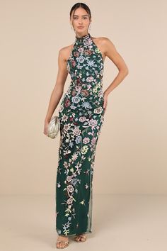 Infinite Praise Emerald 3D Floral Embroidered Halter Maxi Dress