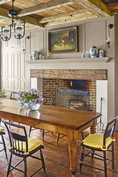 Can you guess how old this farmhouse is? Farmhouse Dining Room Table, Dining Room Remodel, Fireplace Mantel Decor, Farmhouse Fireplace, European Home Decor, Rustic Dining Room, Country Living Room, Style Bedroom