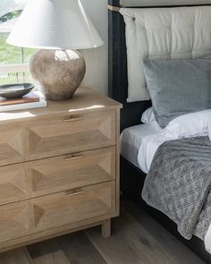 a bedroom with a bed, night stand and lamp on the nightstand next to it