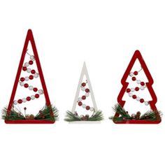 three red and white christmas trees with balls on them, one in the shape of a triangle