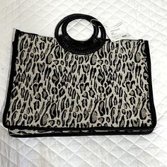 Nwt Animal Print Shira Leah Handbag With Round Black Wicker Handles And A Snap Closure. Smoke Free Home Leopard Print Tote Shoulder Bag For Errands, Chic Leopard Print Bags For Errands, Leopard Print Tote Satchel For Shopping, Wool Tote Bag, Black Wicker, Wool Tote, Vegan Leather Tote Bag, Jute Totes, Straw Tote Bag