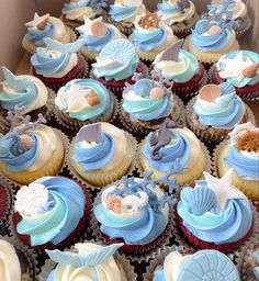 there are many cupcakes in the box with blue and white frosting on them