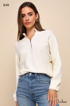 The ultimate fall wardrobe just wouldn't be complete without a go-to sweater like the Lulus Cuddly Aesthetic Ivory Ribbed Quarter-Zip Pullover Sweater! This essential pullover sweater is composed of stretchy ribbed knit that shapes a polo-inspired collared neckline, dolman-style long sleeves with fitted cuffs, and a quarter-length zipper at the front. The cozy, relaxed bodice finishes at a slightly cropped hem. Contrasting ribbed knit accents the neckline, cuffs, and hem. Fit: This garment fits Lulu Fashion, Quarter Zip Sweater, Quarter Zip Pullover, Fall Wardrobe, Pullover Sweater, Quarter Zip, Pullover Sweaters, Ribbed Knit, Bodice