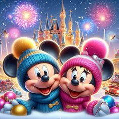 mickey and minnie mouse in front of fireworks