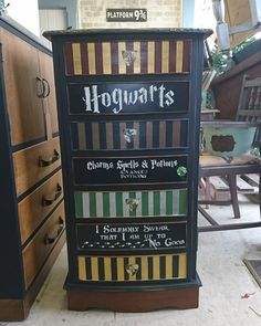 the harry potters sign is on display in front of some chairs and other furniture