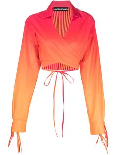 sunset orange/pink cotton blend ombré effect V-neck spread collar tied waist long sleeves tied cuffs cropped Yellow Clothes, Belted Mini Skirt, Orange Outfit, Corset Style Tops, Sunset Orange, Ribbed Knit Dress, Dress Shirt Sleeves, Ombre Effect, Ribbed Knit Top