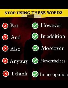 a person standing in front of a red background with the words stop using these words