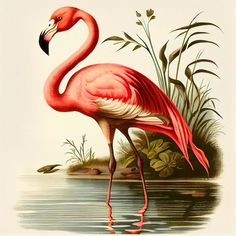 a pink flamingo is standing in the water near some plants and reeds,