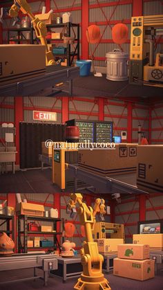 an industrial factory with lots of machines and boxes on the shelves, some are yellow