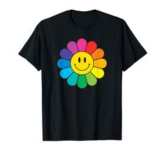 PRICES MAY VARY. Happy Face Rainbow flower. Spread more love with this throwback to the 70s and the era of love. Colorful rainbow flower with a smile in the middle says peace, love and happiness. Retro vintage style shows your inner flower child. Be happy for this joyous retro 60's and 70's flower power design. Celebrate a happier time and attitude. Re live the summer of love while being trendy at the same time. 70's fashion is back so jump on the hippy love vibe. Lightweight, Classic fit, Doubl Peace Love And Happiness, Power Design, Rainbow Flower, Hippie Love, Retro Rainbow, Mens Workout Clothes, Retro Vintage Style, Rainbow Flowers, Flower Child