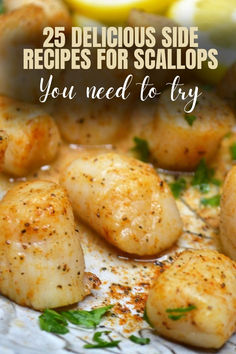 Butter lemon scallops with text overlay for pinterest. Sides For Seafood, Vegetarian Penne Pasta Recipes, Side Dishes For Scallops, Eggplant Relish, Potatoes Vegetables, Roasted Potato Salads, Vegetables Pasta, Sweet Dinner Rolls