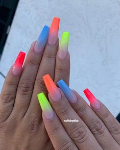 Bright Acrylic Nails, Coffin Shaped Nails, Neon Acrylic Nails, Long Acrylic Nail Designs, Shaped Nails