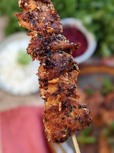 a close up of food on a stick