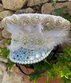 Fabulous sequin and Pearl military hat perfect for weddings,festivities and party's . Hand decorated with Ab crystals and a lace motif . Made to order in your size so please forward your head size in cm with each order. Delivery time 4- 5 weeks  Gems and motifs May vary slightly depending on stock levels . We can also add any other sequin colours to the brim to match your outfit or accessories 😀 Handmade High Crown Top Hat For Party, Mardi Gras Party Headpiece With Round Crown, Adjustable Tall Crown Costume Hats For Party, Adjustable Tall Crown Hats For Party, Adjustable Cap Headpiece For Party, Carnival Party Costume Cap, Adjustable Cap Style Headpiece For Party, High Crown Costume Hats For Mardi Gras Party, Carnival Party Costume Hat With Round Crown