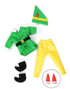 the elf costume is next to two gnome hats and leggings, which are also made out of felt