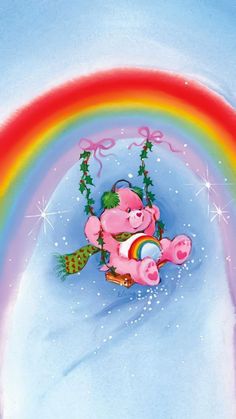 a painting of a pink teddy bear on a swing under a rainbow in the snow