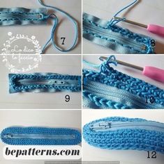 the instructions for crochet zippers are shown in four different pictures, including one with