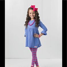 Includes Tunic And Striped Berry Pink & Twilight Leggings. Add Some Boots And A Jean Jacket For The Ultimate Fall Look! - Size 4 Playful Blue Leggings, Cute Stretch Leggings For Playwear, Pink Leggings, Fall Looks, Matching Sets, Jean Jacket, Pink Purple, Berry, Size 4