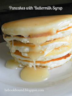 pancakes with buttermilk syrup are stacked on top of each other and drizzled with icing