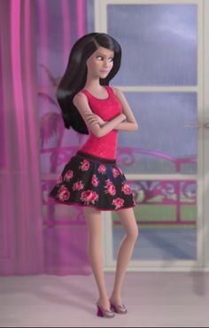 a cartoon girl in a red top and black skirt standing next to a pink curtain