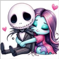 a cartoon skeleton hugging a girl with long hair and wearing a purple dress in front of a white background