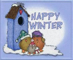 two hamsters are standing in front of a blue birdhouse that says happy winter morning