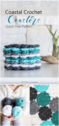 crochet coasters with the text coastal crochet coasters quick free pattern