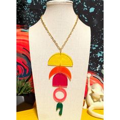 This gorgeous and eye-catching abstract acrylic pendant is perfect for adding some color and fun to any look. The pendant is 61/2 inches on an 18 inch gold plated chain that is adjustable with a 3 inch extender and a lobster claw clasp. It also comes in a cute gift box. Acrylic Pendant, Abstract Pendant, Cute Gift Boxes, Abstract Acrylic, Cute Gift, Gold Plated Chains, Lobster Claw, Pendant Necklaces, Color Splash