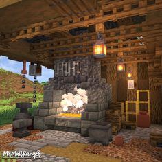 the interior of a minecraft house with stone walls and flooring, including a fireplace