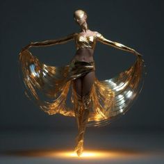 a woman is dressed in gold and dancing