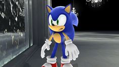 the sonic character is standing in front of a wall with chandeliers hanging from it